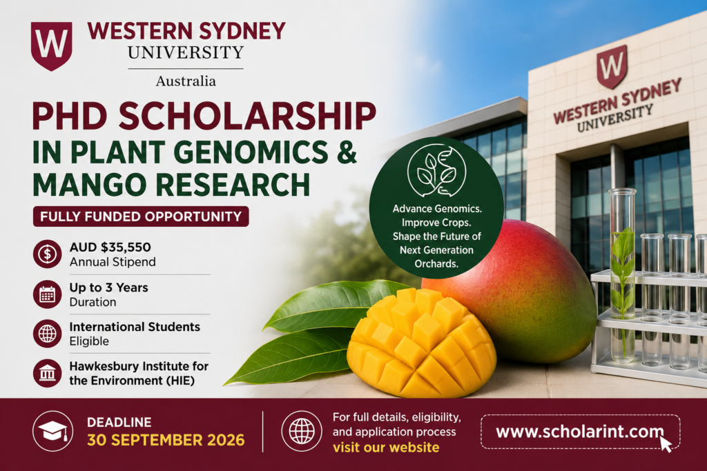 Apply for the Western Sydney University PhD Scholarship in plant genomics and mango research. Receive AUD $35,550 per year for up to 3 years. Deadline: 30 September 2026.