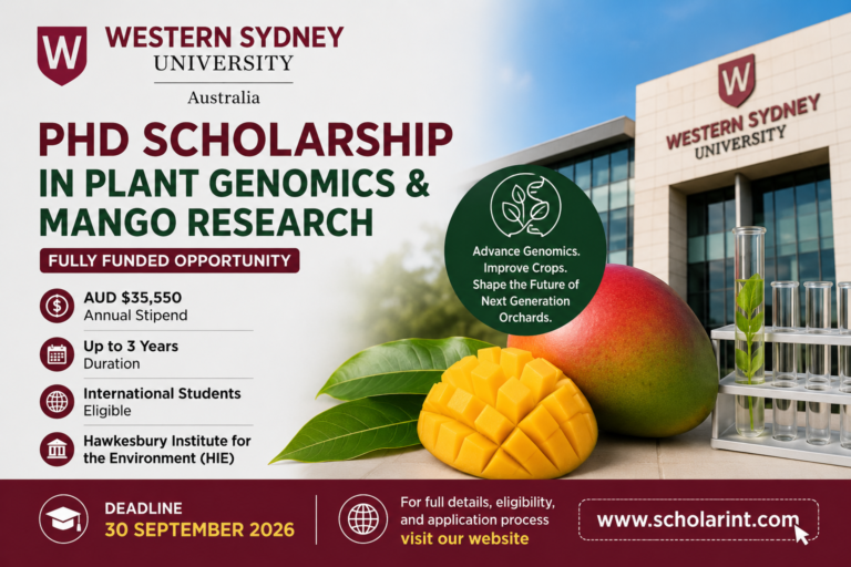 Apply for the Western Sydney University PhD Scholarship in plant genomics and mango research. Receive AUD $35,550 per year for up to 3 years. Deadline: 30 September 2026.